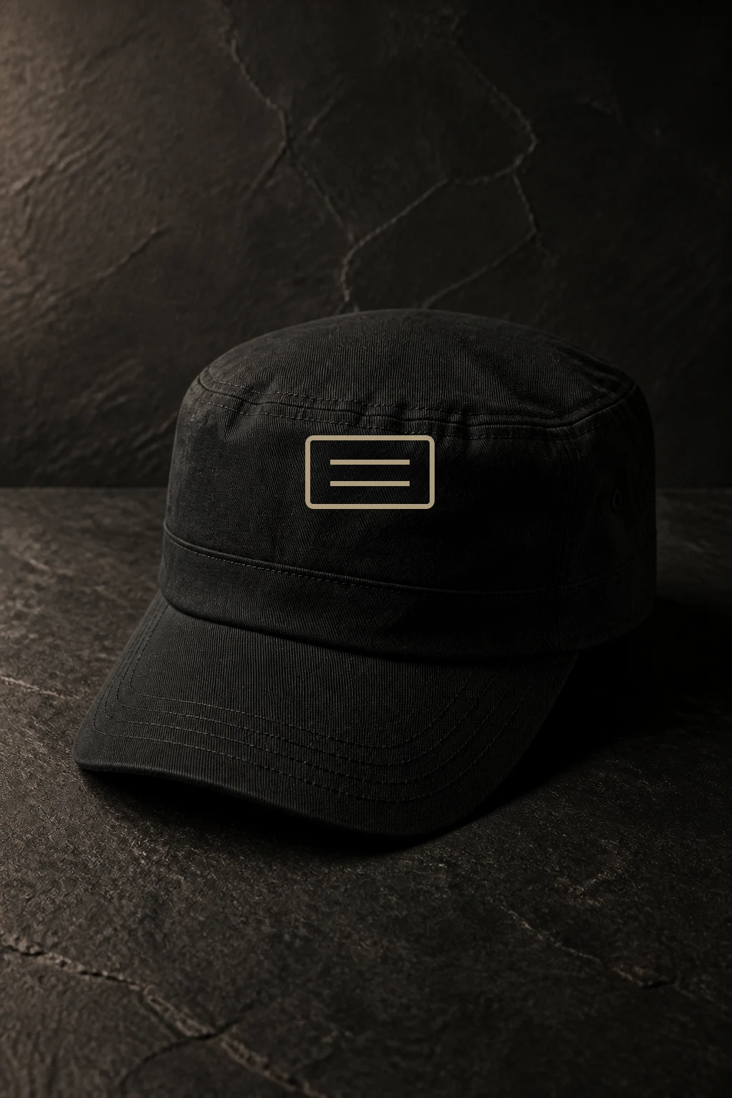 Cityline Field Cap photographed as a dark editorial object still with the stitched front badge visible.