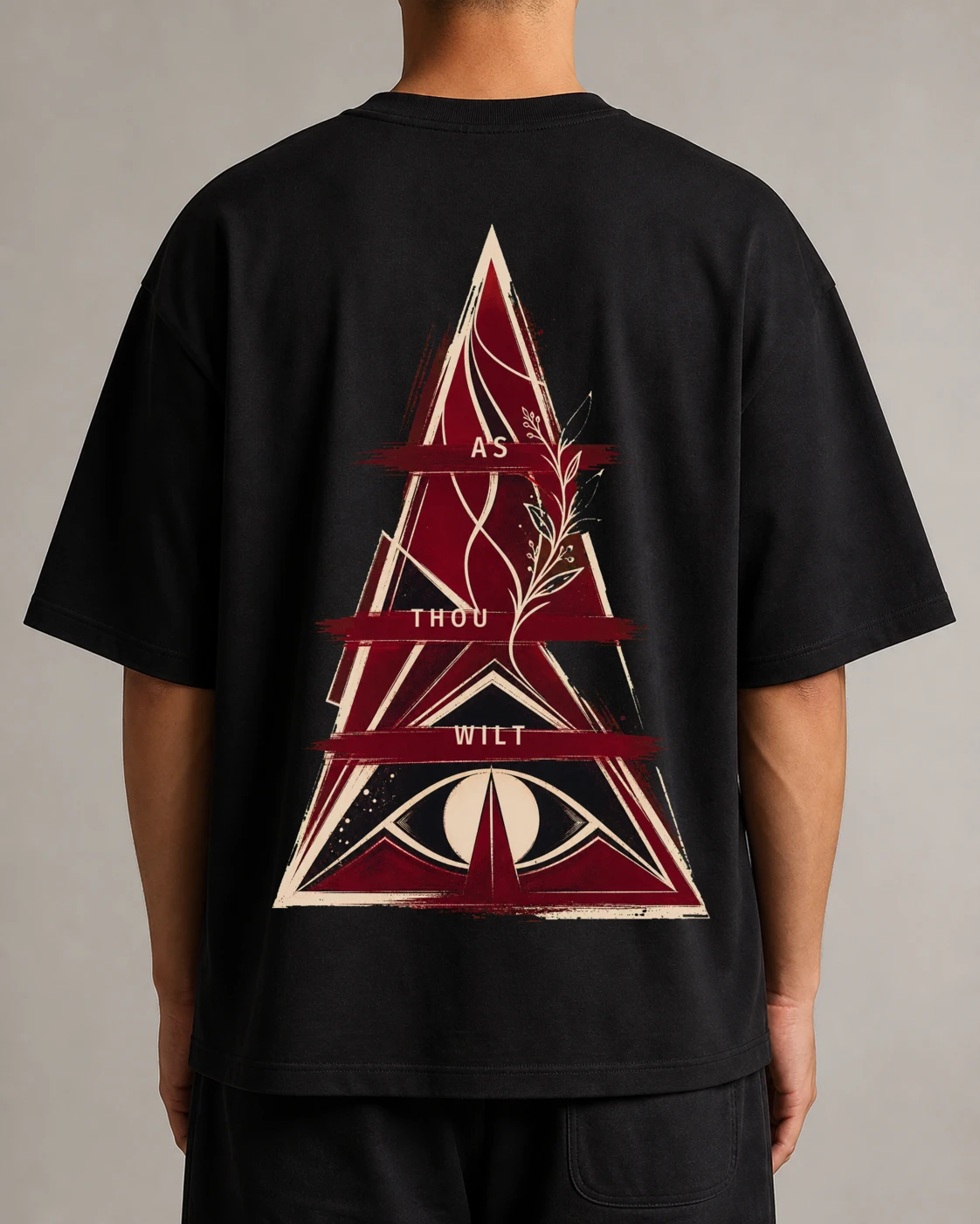 Black boxy heavyweight tee shown from the back with the Pyrawill 2026 pyramid print