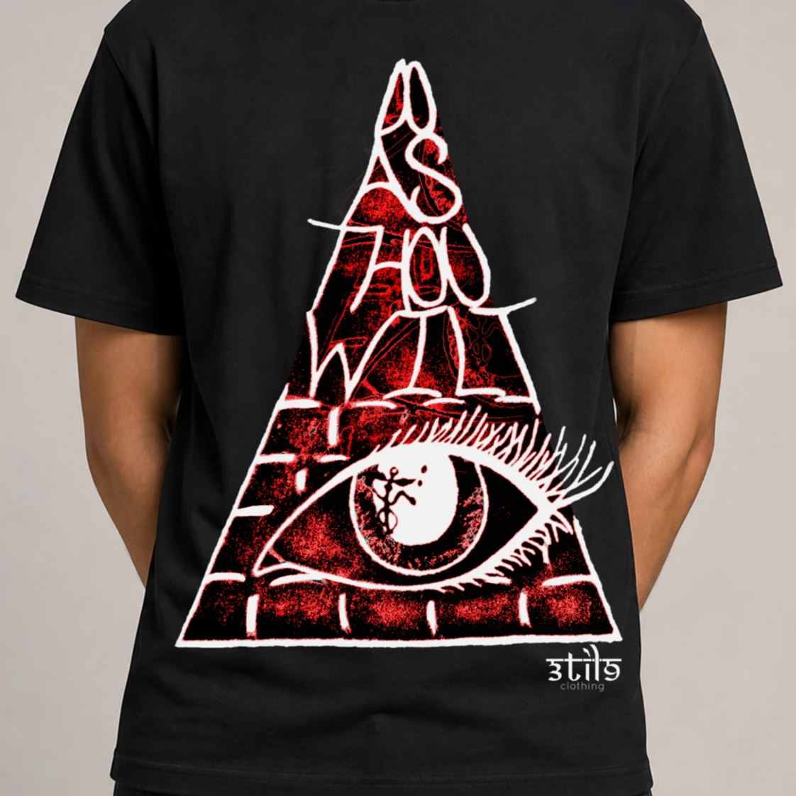 Close view of the original red, white and black Pyrawill front print