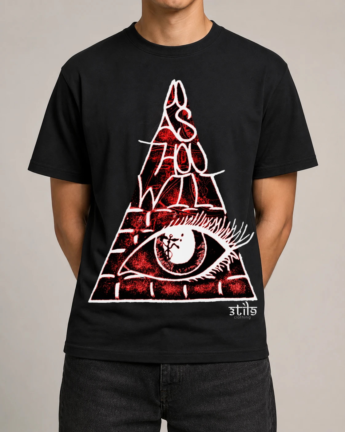Black regular-fit tee with the original Pyrawill pyramid printed on the front