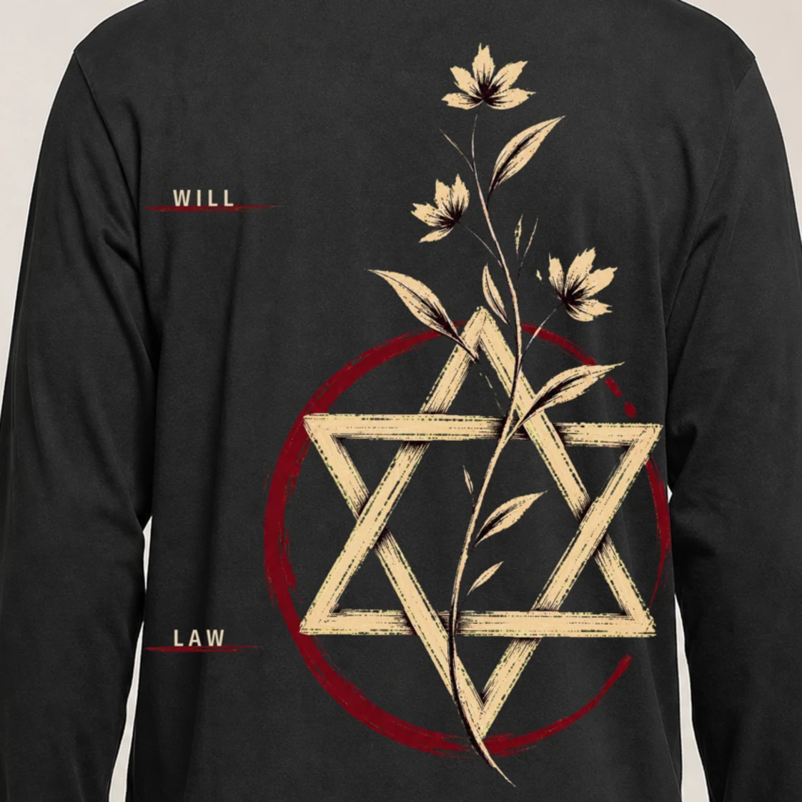 Close view of the bone flowers, law star, oxblood orbit and WILL LAW typography