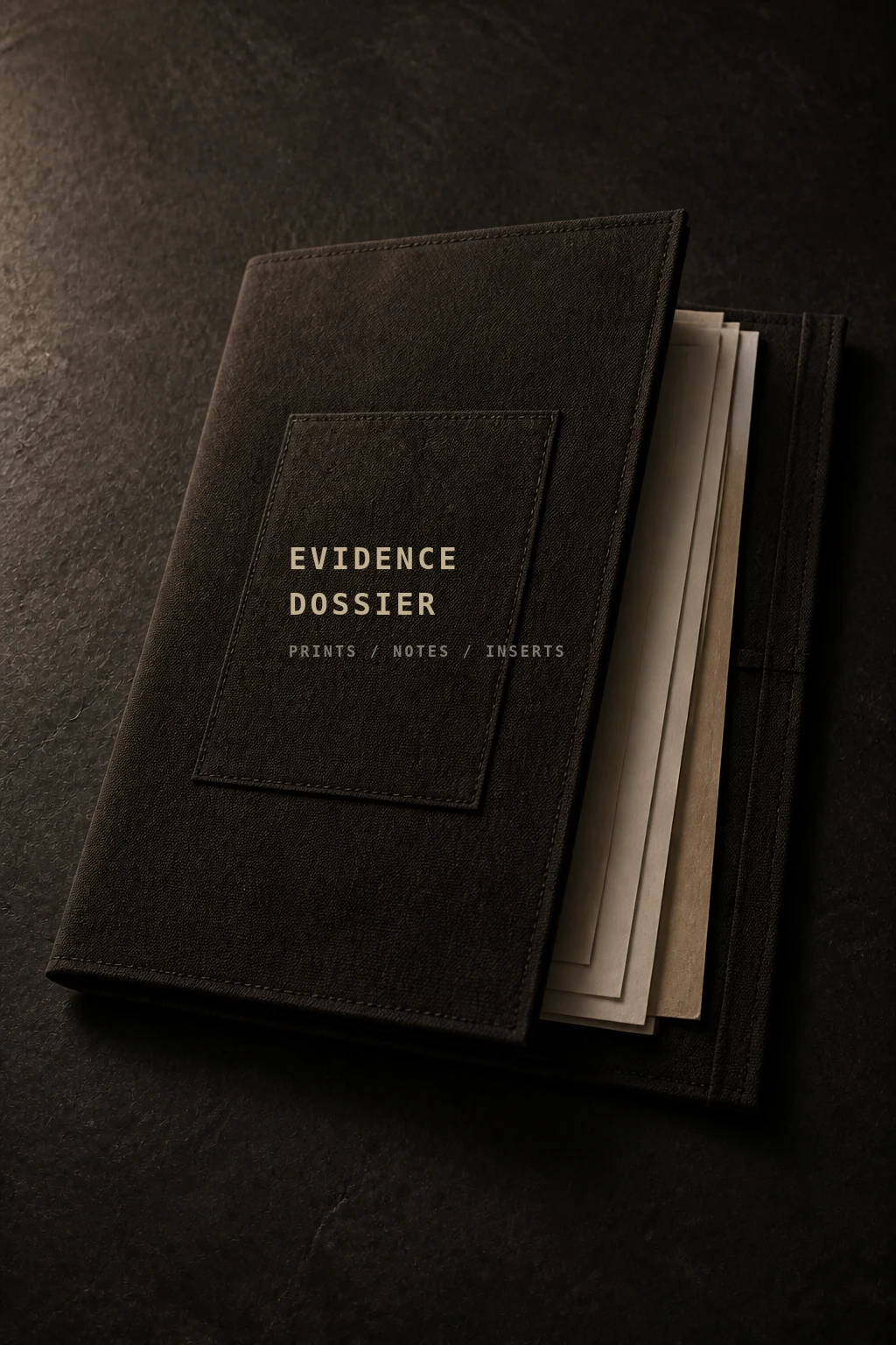 Evidence Dossier Sleeve photographed as a dark canvas archive object with insert papers and front label panel visible.